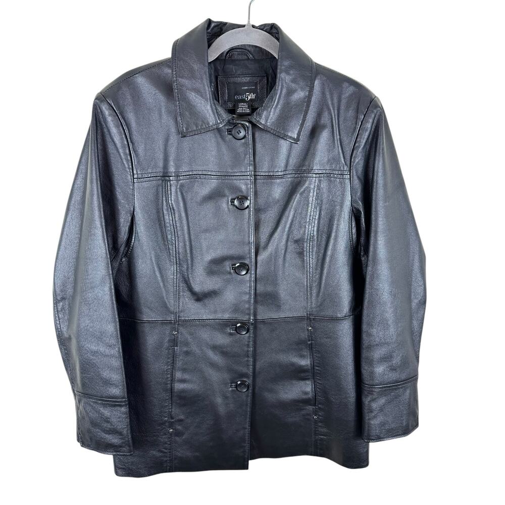 East 5th Black 100% Leather Collared Button Up Lined Jacket Pockets Size L‎